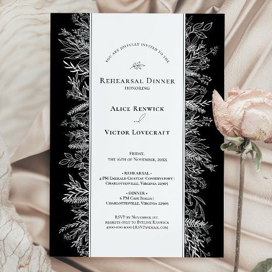 白黒緑のリハーサル結婚ディナー 招待状
