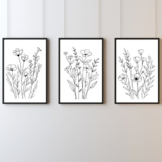 白黒線描花模様セット3ウォールアート