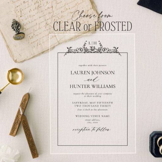 白黒縁どフローラ結婚モノグラム アクリル招待状