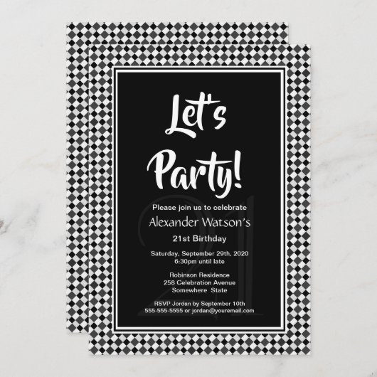 白黒縁ど21歳の誕生日パーティー 招待状 (正面/裏面)
