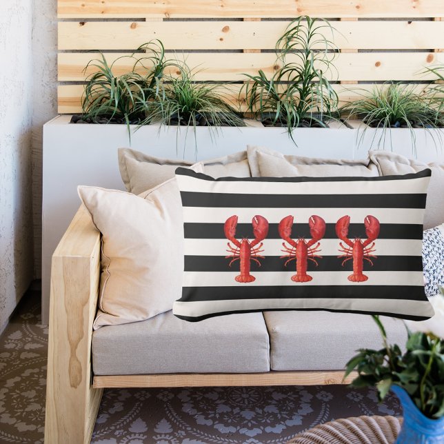 白黒航海のストライプ赤ロブスター ランバークッション (クリエイターアップロード済み)