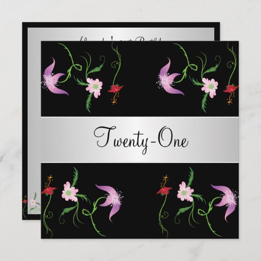 白黒花かわいらし21歳の誕生日パーティー 招待状 (正面/裏面)