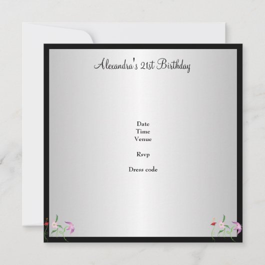 白黒花かわいらし21歳の誕生日パーティー 招待状 (裏面)