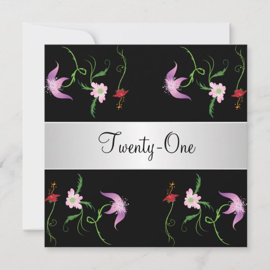 白黒花かわいらし21歳の誕生日パーティー 招待状 (正面)