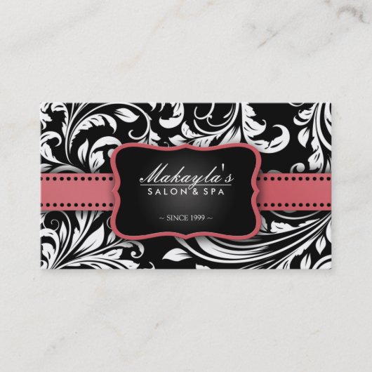 白黒花のダマスク織のサロンの珊瑚のピンク 名刺 (正面)