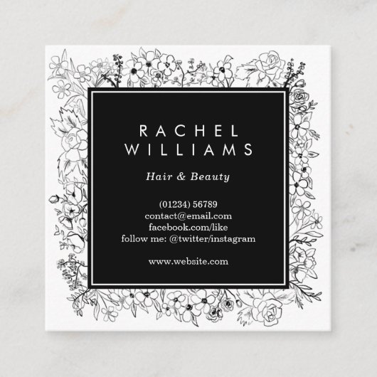 白黒花のボーダー正方形の名刺 スクエア名刺 (正面)