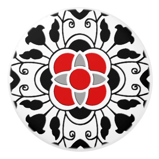白黒花のモロッコのタイル、深紅 セラミックノブ (正面)