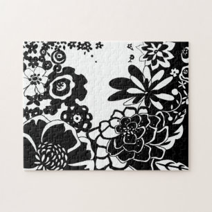 白黒花の庭のグラフィックパターン ジグソーパズル