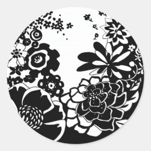 白黒花の庭のグラフィックパターン ラウンドシール