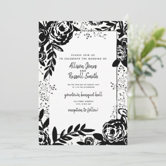 白黒花の書道の結婚式 招待状 (スタンド正面)