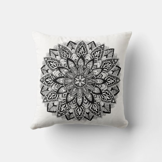 白黒花の曼荼羅 クッション (裏面)