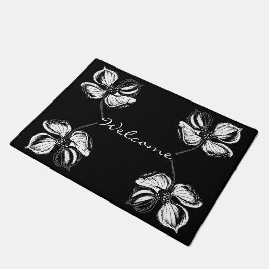 白黒花エレガント柄 ドアマット (アングル)