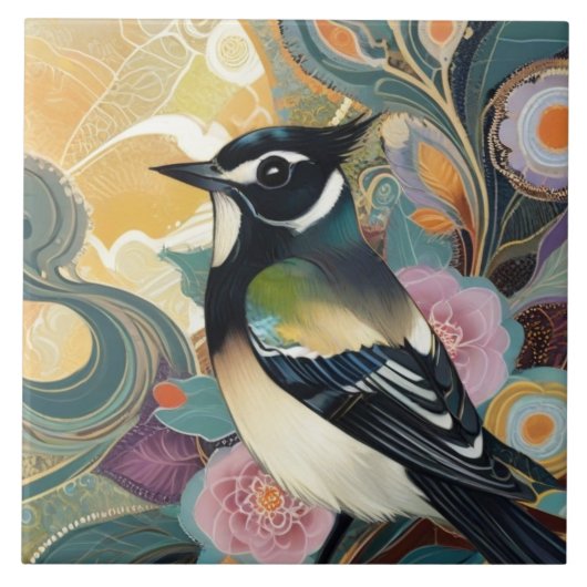 白黒花スタイリッシュフローラ タイル (正面)