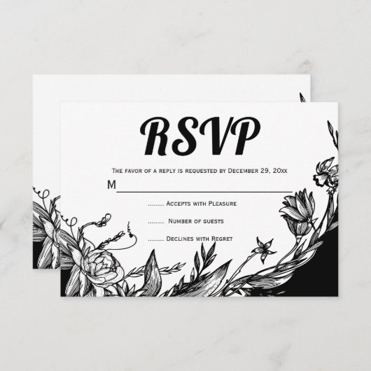 白黒花タイポグラフィフローラRSVPカード 出欠カード (正面/裏面)