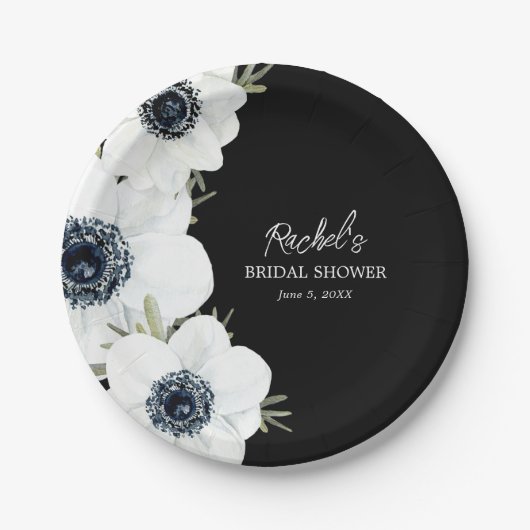 白黒花ブライダルシャワー ペーパープレート (正面)
