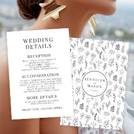 白黒花ミニマル結婚リスト詳細カード エンクロージャーカード