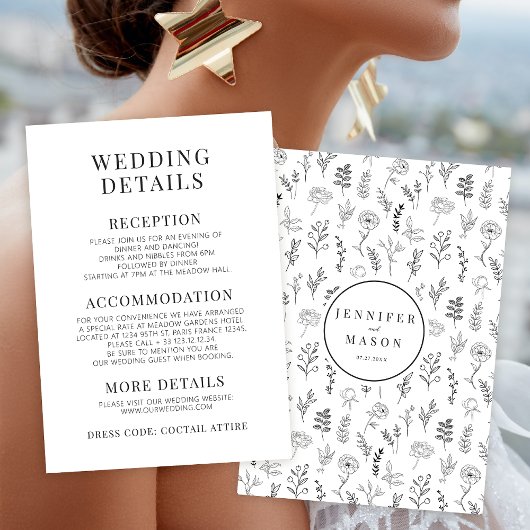 白黒花ミニマル結婚リスト詳細カード エンクロージャーカード