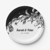 白黒花モダンタイポグラフィ結婚ズ ペーパープレート (正面)