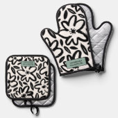 白黒花モダン名 鍋つかみ&鍋敷きセット (正面/裏面)