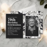 白黒花写真第70誕生日 招待状<br><div class="desc">70thエレガント birthday party photo invitation for women かわいらし with black and white line art flowers.お客様連絡のカスタマイズに関するサポートを受けたり、お客様のイベントに対してZazzle製品の追加のマッチングまたは調整を要求したりするために</div>