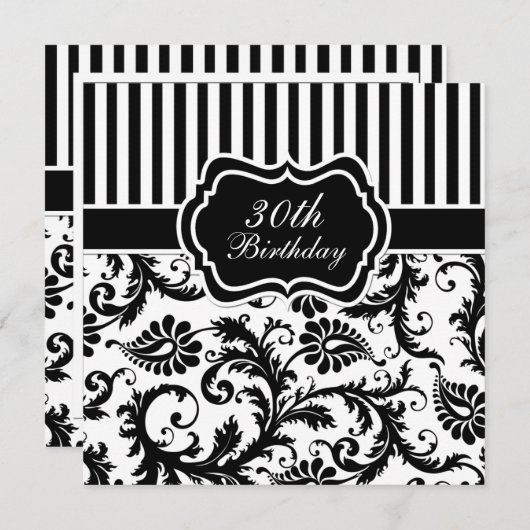 白黒花柄のストライプの第30誕生日の招待 招待状 (正面/裏面)