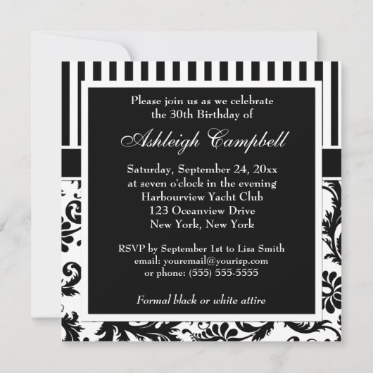 白黒花柄のストライプの第30誕生日の招待 招待状 (裏面)
