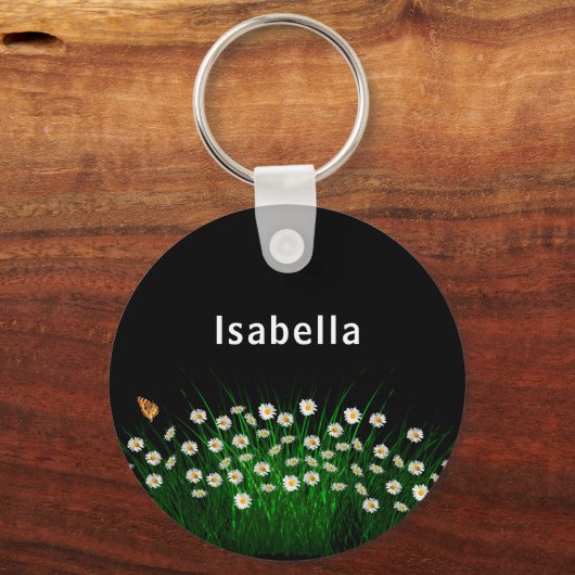 白黒花模様メドウ蝶の名前 キーホルダー (正面)