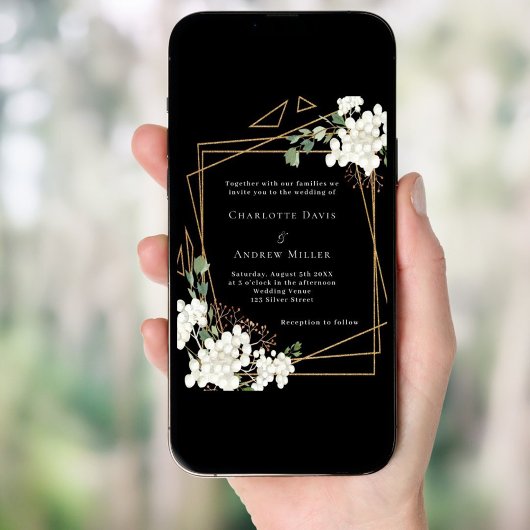 白黒花模様金ゴールド幾何結婚の 招待状