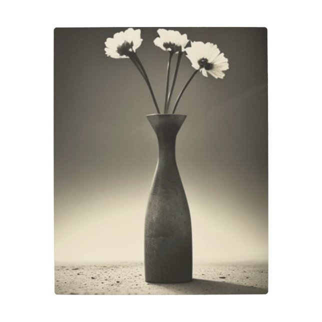 白黒花瓶と花 メタルプリント (正面)