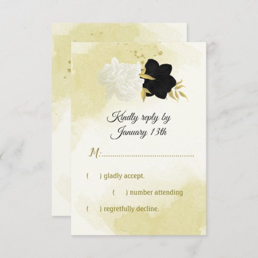 白黒花金ゴールド葉 出欠カード (正面/裏面)