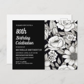 白黒花80誕生日 インビテーションポストカード (正面/裏面)