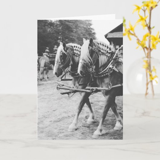 白黒荷車を引くで作業する馬 カード (黄色い花)