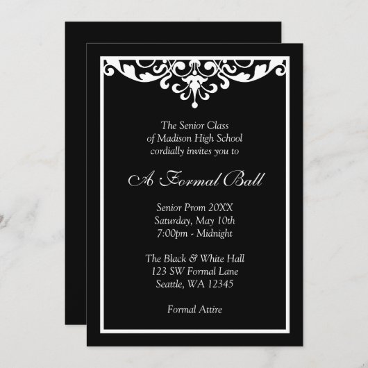 白黒華麗さのフォーマルなプロムのダンスの球 招待状 (正面/裏面)