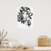 白黒落書きガールポスター ポスター (キッチン)