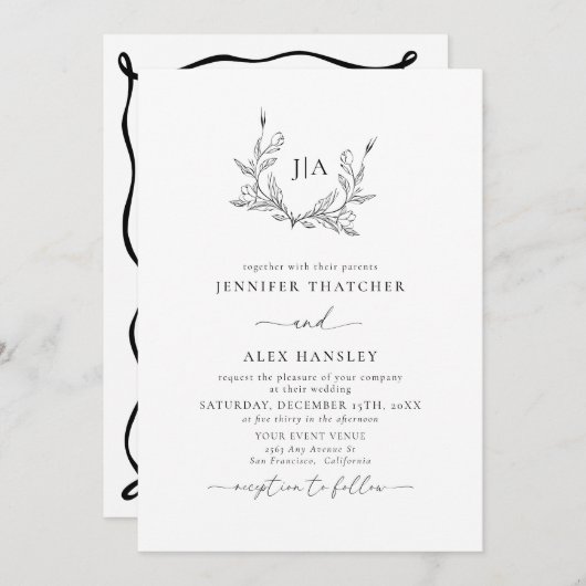 白黒葉 | モノグラム結婚写真 招待状 (正面/裏面)