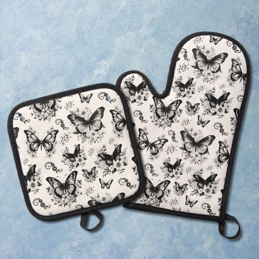 白黒蝶パターン 鍋つかみ&鍋敷きセット