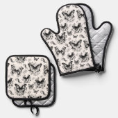 白黒蝶パターン 鍋つかみ&鍋敷きセット (正面/裏面)