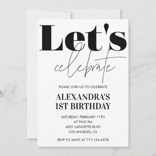 白黒誕生日の招待モダン 招待状 (正面)