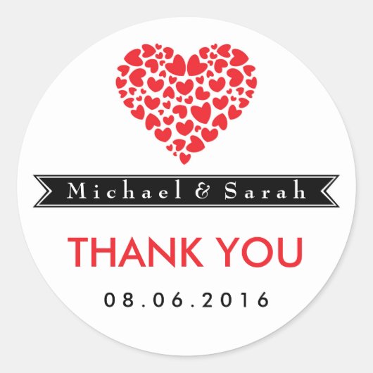 白黒赤いハートステッ結婚カー ラウンドシール (正面)