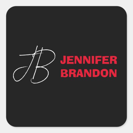 白黒赤い手書きモノグラムの名前の追加 スクエアシール (正面)