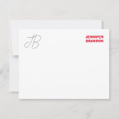 白黒赤い手書きモノグラムの名前の追加 ノートカード (正面)