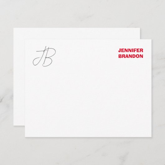 白黒赤い手書きモノグラムの名前の追加 ノートカード (正面/裏面)