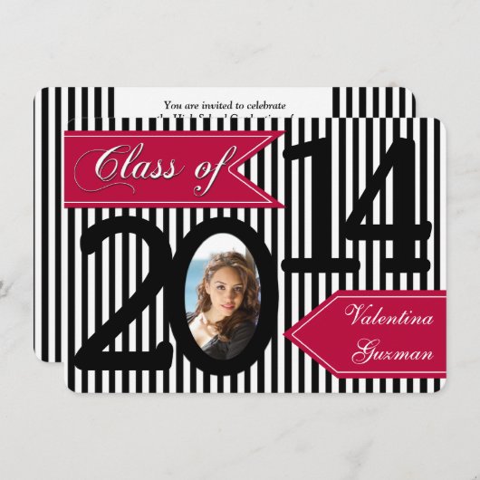 白黒赤ストライプの写真卒業招待状 招待状 (正面/裏面)