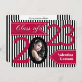 白黒赤ストライプの写真卒業招待状 招待状 (正面/裏面)