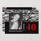 白黒赤ゼブラ印刷40th誕生日の写真 招待状 (正面/裏面)