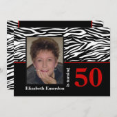 白黒赤ゼブラ印刷50th誕生日の写真 招待状 (正面/裏面)