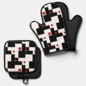 白黒赤モダンヴィンテージパッチワーク 鍋つかみ&鍋敷きセット (正面/裏面)