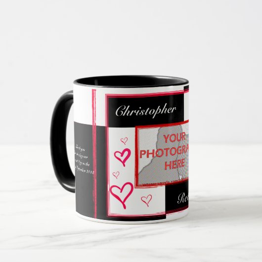 白黒赤モダン愛ハート写真フレーム マグカップ (正面左)
