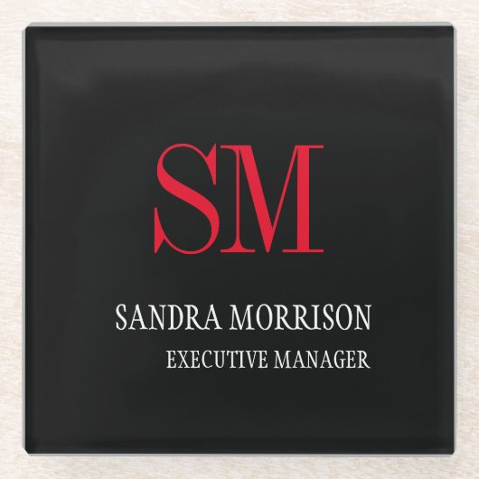 白黒赤手書きモノグラムミニマル ガラスコースター (正面)