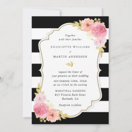 白黒赤面ストライプのピンクフローラ結婚ズ 招待状